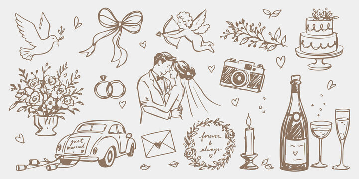 Wedding Celebration Doodle Set Hand Drawn Vector Illustration