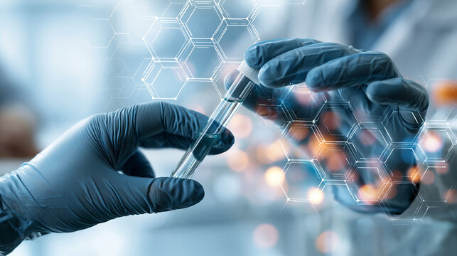 Faceless gloved hand holding a single sample tube against a soft white molecular hexagon overlay clean bright background and gentle reflections laboratory genetic research