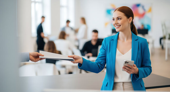 Document handoff in busy office reception shows employee delivering paperwork for manager approval, useful for administrative process, HR form transfer and internal record handling