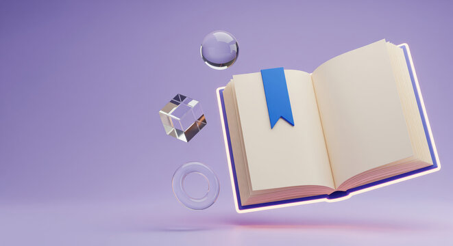 Digital textbook catalog interface optimization or virtual library storytelling application advertisement layout featuring glowing opened encyclopedia emblem for literature study backdrop