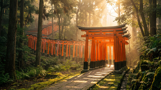 Vermilion torii gates winding through peaceful Japanese cedar forest