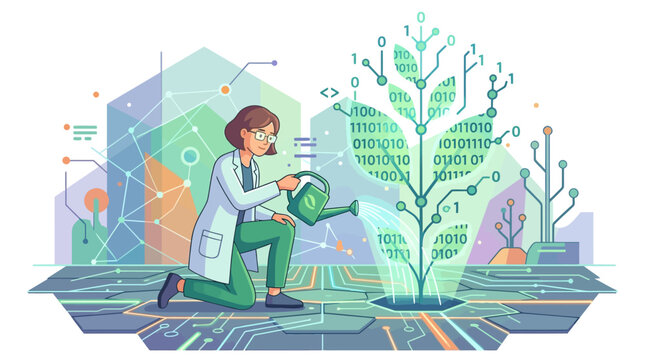 Data scientist woman watering a growing binary tree symbolizing digital business growth flat design vector illustration