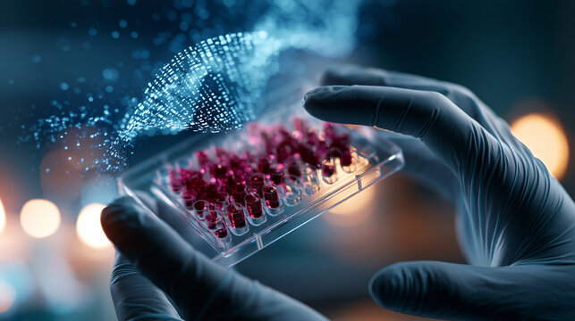 Close up of a faceless gloved hand holding a transparent multi well plate filled with deep crimson samples a glowing blue sequencing pattern shimmering behind soft clean lab