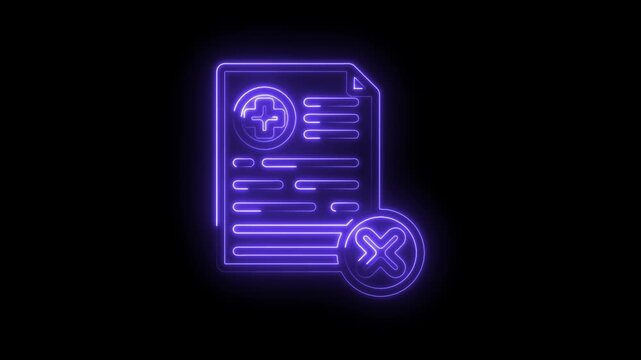 Neon medical document with cross symbol and rejected mark glowing purple on icon black background