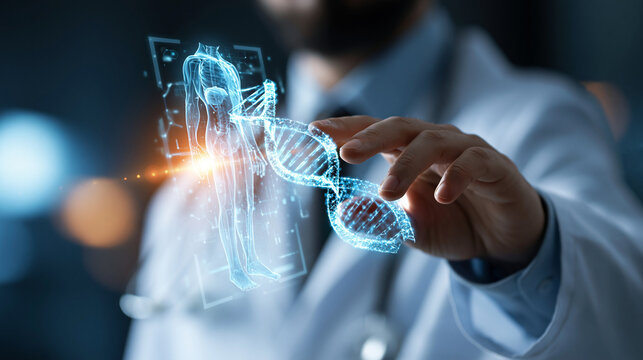 Faceless lab coat figure with a stethoscope touching a glowing holographic DNA helix and translucent body diagram interface soft dark background and cool light digital health