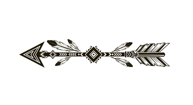 Tribal arrow design with decorative feathers and geometric patterns.