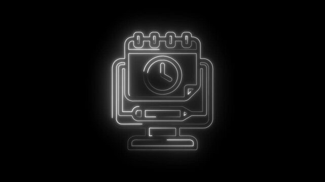 Digital calendar clock icon on computer screen glowing neon lines representing time management