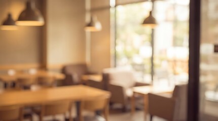 Fototapeta premium blurred modern cafe interior, warm pendant lighting, wooden furniture, sunlit hospitality atmosphere, bokeh background