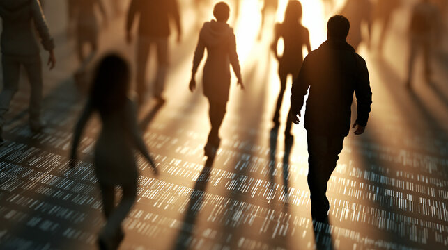 Faceless silhouettes of a diverse crowd walking across a sunlit floor overprinted with rows of DNA sequence bands warm sepia tones and long soft shadows population genomics