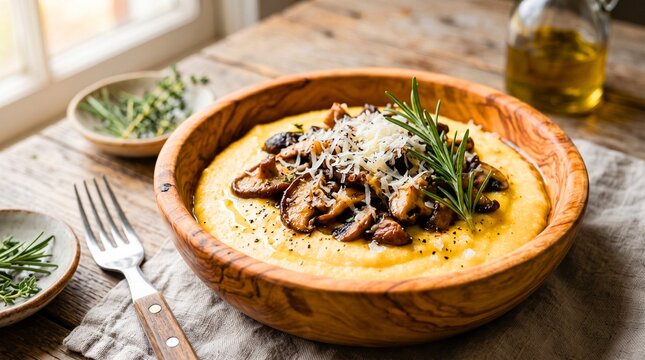 porcini mushroom polenta with grated cheese, rosemary