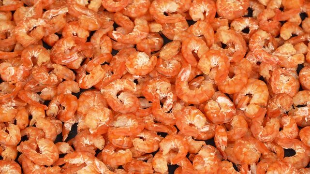 Full frame close-up texture of dried shrimp rotating.
