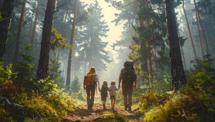 Obraz premium Family hiking together in forest.