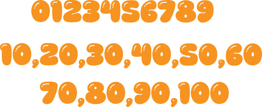 Set of numbers from 0 to 100, bubble style font, orange numbers, counting numbers, math education, vector illustration