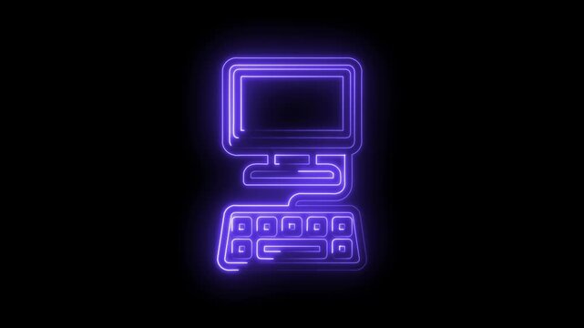 Glowing neon computer icon with keyboard and monitor on black background abstract digital