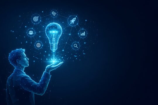 Innovative person holding glowing light bulb with holographic business icons. low poly futuristic world youth skills day innovation technology. low poly futuristic world youth skills day