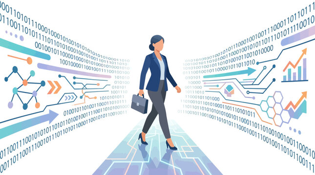 Confident businesswoman walking through digital data stream and binary code representing business growth flat vector illustration.