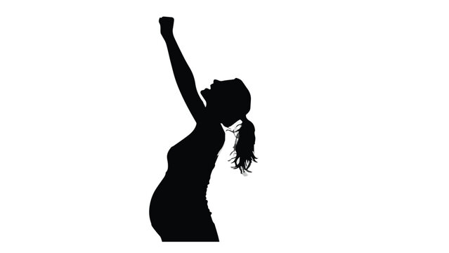Silhouette of Woman Raising Arm in Celebration or Dance.