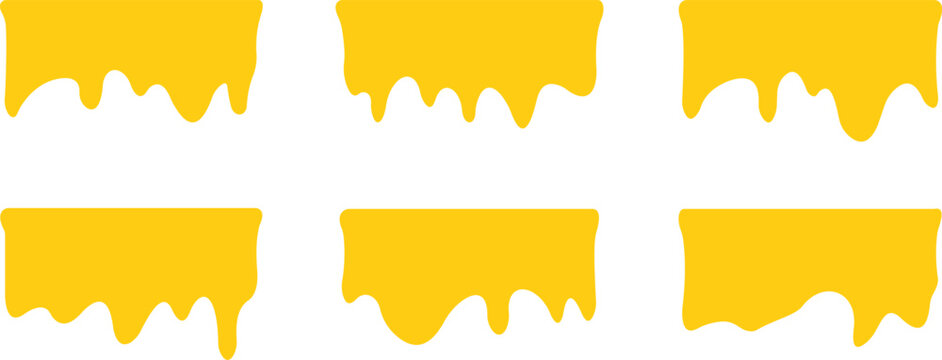 Set of yellow dripping liquid, honey or paint drips, vector illustration