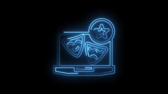 Neon blue outline of a laptop displaying comedy and tragedy masks with a star icon in a circle