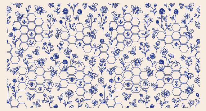 honeycomb flower bee seamless pattern, hand drawn apiary background, organic garden honey print, nature floral hive wallpaper, sweet honeycomb bloom texture, garden insect nature design, buzzing bee f