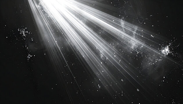Black and white abstract light rays with glowing dust particles, dynamic energy overlay, cinematic atmosphere, dramatic illumination effects