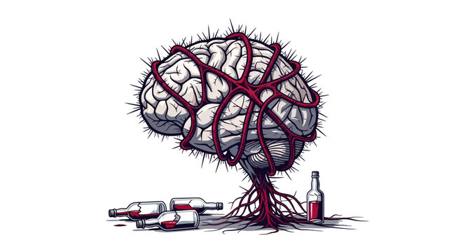Conceptual illustration of a brain entangled with roots and vines, surrounded by wine bottles, symbolizing alcohol addiction or mental struggle, on an isolated white background.