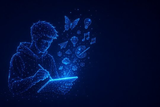 Creative youth using digital tablet with holographic icons representing ideas and art. low poly futuristic world youth skills day, creative, technology. low poly futuristic world youth skills day