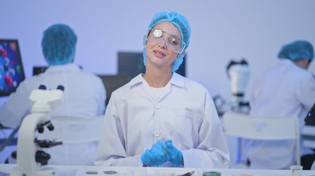 Young woman researcher in lab coat, goggles and gloves talking to camera, explaining experiment results during sample analysis with colleagues working behind