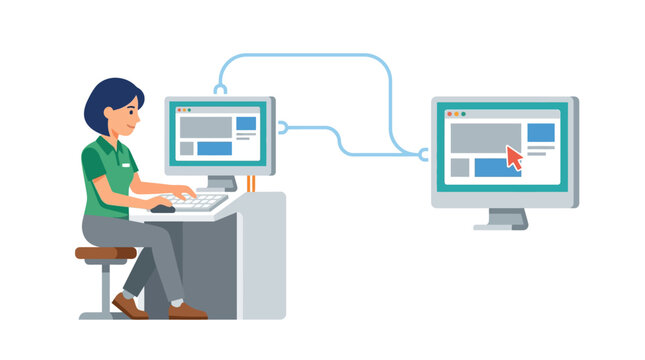 Female IT help desk technician performing remote computer troubleshooting for technical support service flat design vector illustration