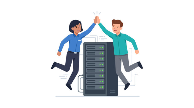 Happy IT support team high-fiving and jumping near a server rack after successful maintenance flat design vector illustration
