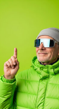 Elderly man with nose ring and sunglasses points up, wearing a bright green puffer jacket and grey beanie, indicating a point or idea against a lime green backdrop