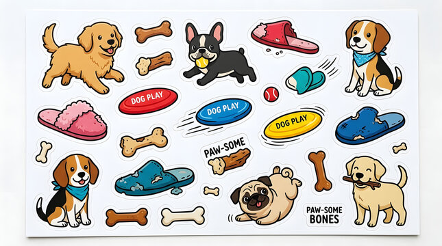 Cute Dog Companions and Toys: A delightful collection of playful puppies and their favorite accessories, including squeaky toys, bones, and slippers.