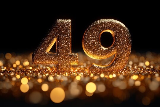 Golden glitter number 49 standing on sparkly surface with rich bokeh, festive and luxurious birthday or anniversary theme, 49th Birthday