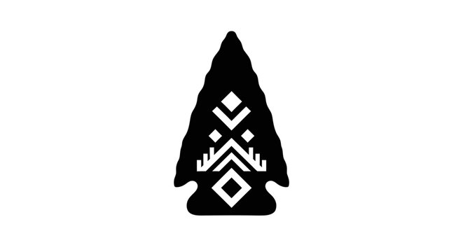 Black and white arrowhead icon with geometric patterns.