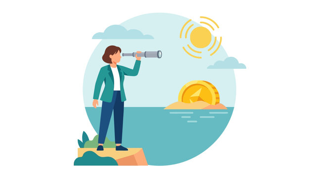 Business woman looking through monocular at golden crypto coin rising over sea horizon flat design vector illustration.