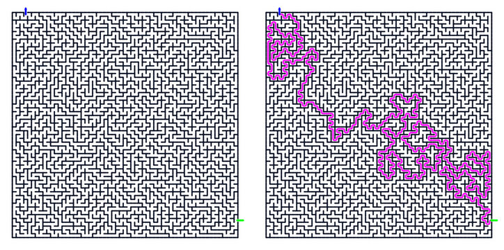 Logic game with labyrints,Maze game,Maze Puzzle foor kids,Labyrinth With Entry And Exit,Maze For Activiity Book, Abstract maze pattern with highlighted purple path and black background  