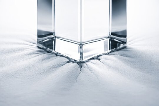 Glass crystal cube pressing into soft white memory foam surface creating tension folds and heavy pressure effect