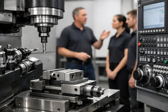 Industrial CNC milling machine close up with supervisor training young technicians in modern manufacturing workshop