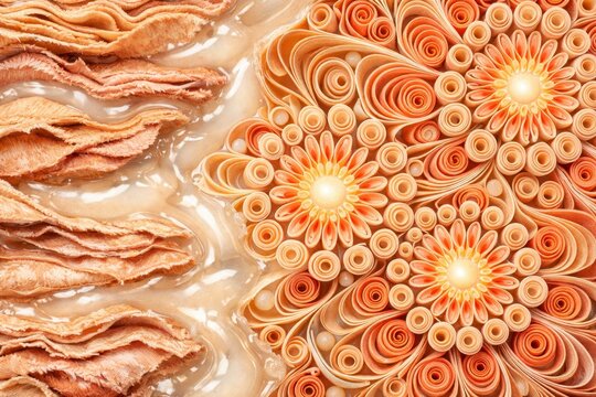 Abstract skin structure showing micro relief and floral cell clusters with swirling collagen layers in serum fluid