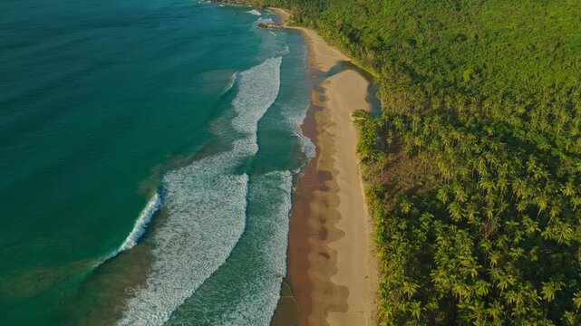 High Altitude Aerial Forward Tracking Shot Along Duli Beach Shoreline in El Nido, Philippines. Drone View of Golden Sand, Endless Rolling Ocean Surf, and Tropical Jungle.