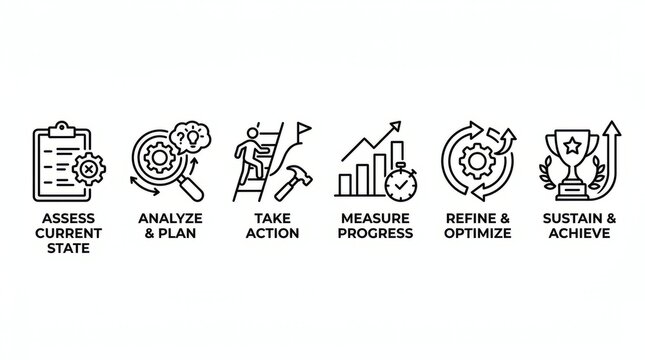 Illustrated icons representing stages of a business project lifecycle from planning to achievement.