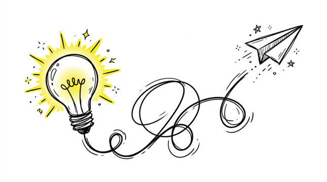  Hand drawn doodle style lightbulb and paper plane vector character illustration for education creativity and child learning concepts