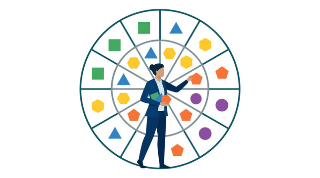 Business woman managing asset allocation and diversifying portfolio on large wheel chart flat design vector illustration.