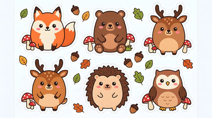 Fototapeta premium Cute Forest Friends Collection: A charming assortment of stylized woodland creatures including a fox, bear, deer, hedgehog, and owl, surrounded by autumn leaves and mushrooms.
