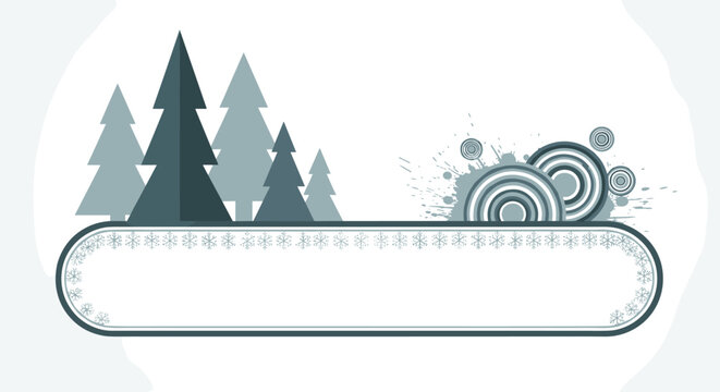 Winter themed banner featuring stylized teal pine trees, decorative concentric circles, and snowflake patterns on a plain white background.