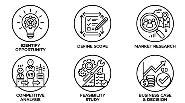Six Essential Business Strategy Concepts Illustrated with Circular Icons.