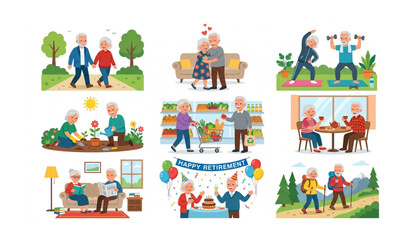 Naklejka premium Senior Couple Daily Activities Vector Illustration Set