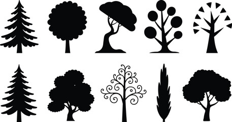 Collection of diverse vector tree silhouettes featuring coniferous, round canopy, decorative, and stylized botanical landscape designs © mstlipibegum