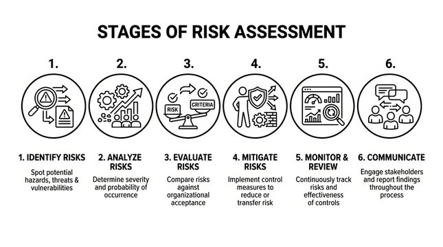 Stages of Risk Assessment Process Illustrated with Hazard Icons.
