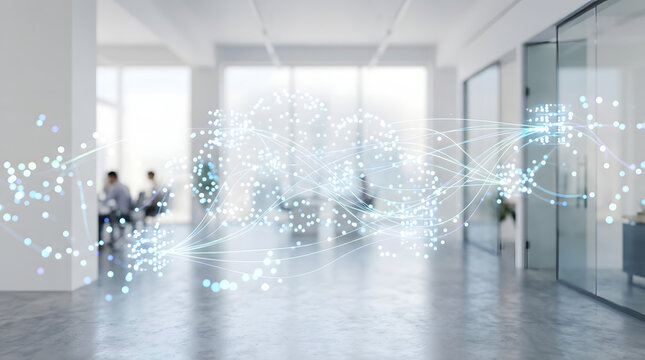 Digital Brain in Modern Office: An abstract glowing digital brain illustration overlays a blurred modern office space, symbolizing artificial intelligence, innovation, and connectivity.